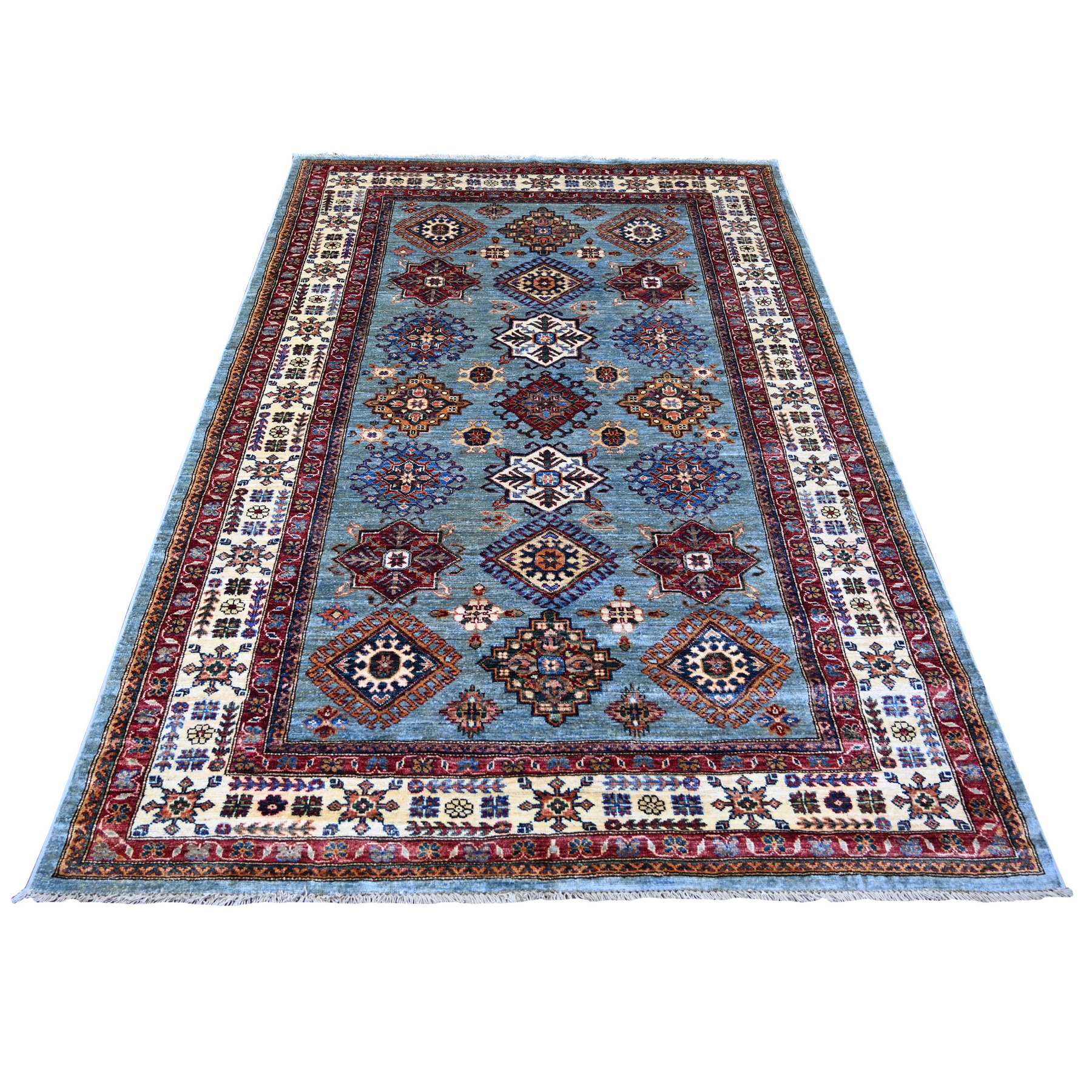 Greenish Gray, Afghan Super Kazak with Geometric Medallions Design, Hand Knotted, Soft and Velvety Wool, Vegetable Dyes, Oriental Rug